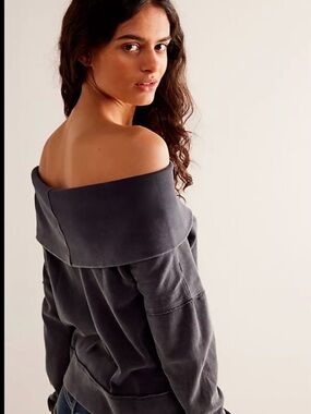 We The Free Washed Antique Blue Off-Shoulder Sweatshirt NWT